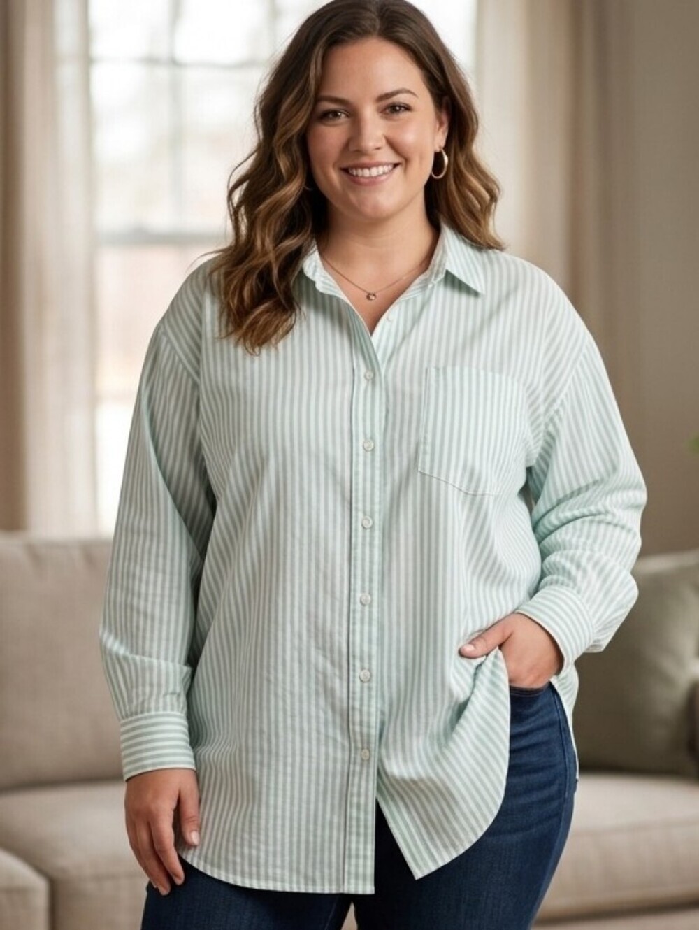 Anthropologie Striped Button Down Shirt Tunic Top Size Xl Green- WHITE